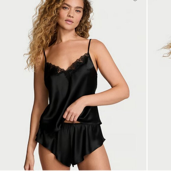 NWT Victorias Secret Satin Rose Lace-Trim Cami & Flutter Short Set medium